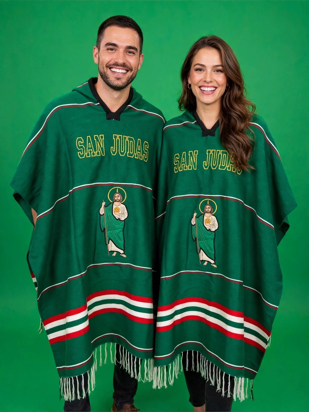 San Judas Green Serape Top with Embroidered Saint Motif